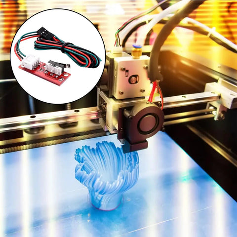 Close-up of a 3D printer using a 6 Pcs 3D Printer Endstop Mechanical Limit Switch Kit for RAMPS 1.4 With 27 Inch Cable, showing blue 3D print in progress.