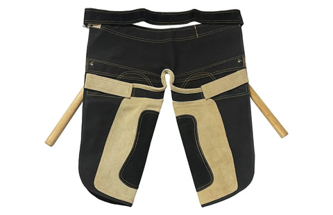 Heavy Duty Farrier Apron Chaps For Men With Cowhide Suede Leather And Canvas 25 Inch Length Side Knife Pockets Magnetic Closures