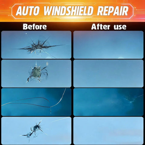 Complete Auto Windshield Repair Kit Featuring UV Curing Lamp And Sturdy Suction Tool No Sweat Cleanup For Chipped Car Glass Using Premium Nano Resin For A Smooth Ride, before and after repair results.