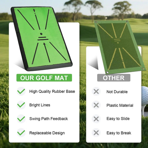 Ultimate Golf Practice Mat Set With Replaceable Mats And Tees shown with durability comparison to other mats, green surface visible