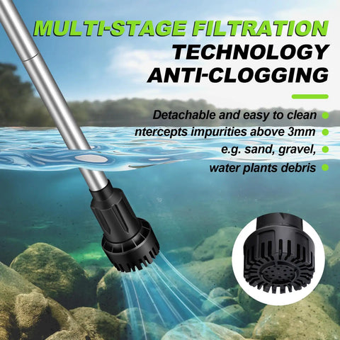 Beast Cordless Stick Water Transfer Pump 21V Battery illustrating anti-clogging filtration in water with debris control