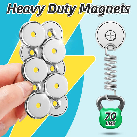 Six Pack 70 Lbs Neodymium Round Base Cup Magnets With Countersunk Holes For Holding Tools, Lifting And Wall Mounting, Heavy Duty Rare Earth Magnets Includes Stainless Screws displayed with weight illustration