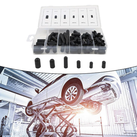 Bulk 100 Pack Rubber Vacuum Cap Kit For Cars shown in open plastic case with car on lift, ideal for hose end seals.