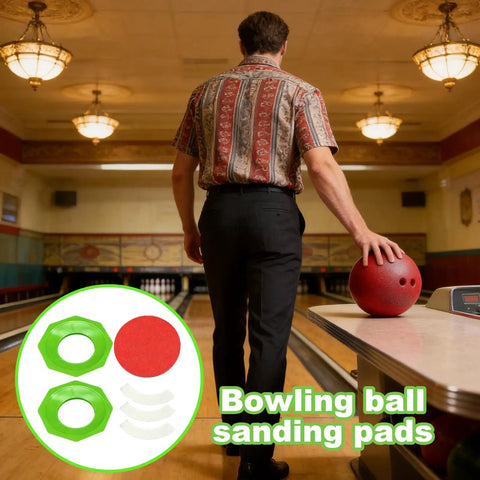 Straight Up Top Tier Bowling Ball Sanding Pad Holder Two Pack Ergonomic Polymer Stand, shown with green sanding pads and bowling ball.