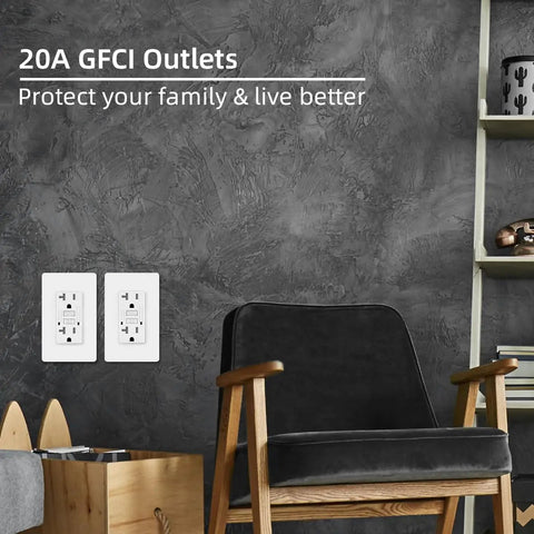 GFCI Outlet Tamper Resistant Receptacle With LED Indicator For Your Pad Safety 20 Amp 125 Volt in a modern living room.