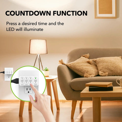 Indoor Countdown Timer With Repeat Function For Home Use shown on living room table, heavy duty 3 prong grounded outlet visible.