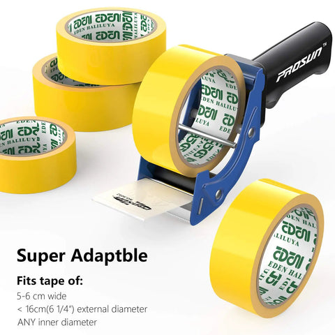 Kickass Two Inch Tape Gun Dispenser With Fast Reload Mechanism And Dual Rollers For No Sweat Packing Sealing Paired With A Built In Razor Sharp Cutter And Extra Blade Included with yellow tape rolls displayed.