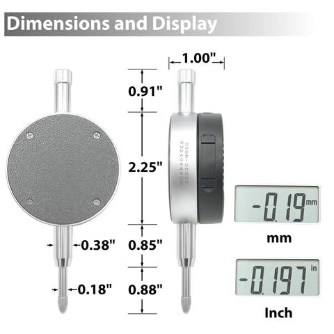 Straight Shooter Heavy Duty Magnetic Base Digital Dial Indicator Gauge dimensions display with inch and metric measurements.