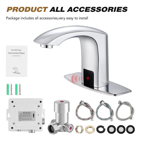 Commercial Touchless Bathroom Sink Faucet with Hot and Cold Water Sensor Mixer, chrome finish, shown with all accessories.