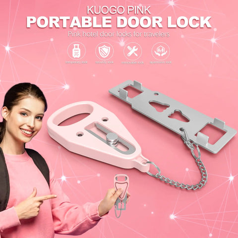 KUOGO PINK PORTABLE DOOR LOCK For Hotel And Home Security, showing pink metal latch and clips for travel safety.