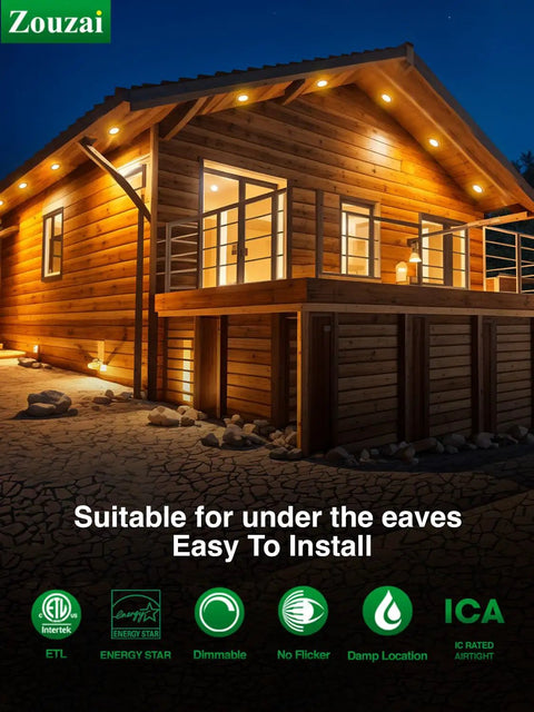 12 Pack 6 Inch Black LED Recessed Ceiling Lights With Junction Box illuminating a wooden house exterior at night