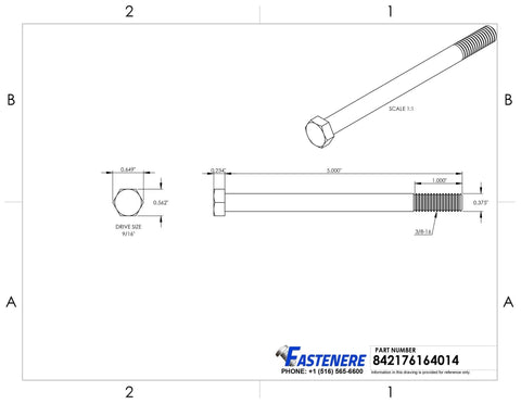 Diagram of stainless steel hex bolts 3/8-16 with measurements and specifications for construction use.