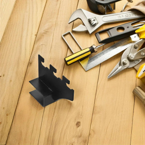 Black Stainless Steel Shelf Brackets 2 Pack With Square Pipe Design next to tools on wooden surface.