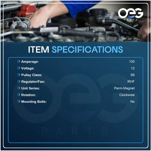 Heavy Duty Replacement Alternator specifications showing 130 amp capacity and clock-wise rotation for Ford Explorer Mountaineer and Sport Trac 1996-2003