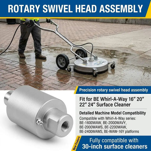 Replacement Rotary Swivel Head For Whirl A Way Surface Cleaners 16 Inch To 30 Inch 4000 PSI 8 GPM 1 Quarter Inch NPT Thread Mechanical Repair Part Compatible With 85 790 004 shown with cleaner on wet pavement