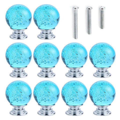 Hella Elegant 10 Pack 30 Millimeter Aqua Blue Crystal Cabinet Knobs Round Glass Bubble Drawer Handles K9 Crystal Zinc Alloy Furniture Hardware For Home Dresser Closet Pulls, showing ten crystal knobs and screws.