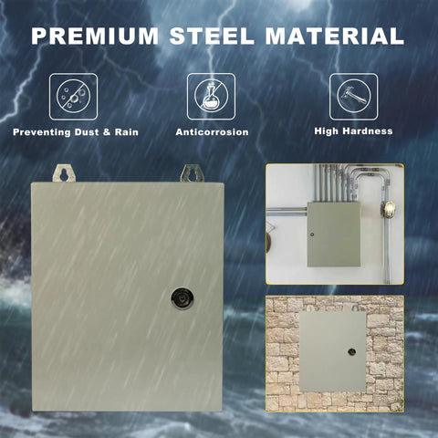 Weatherproof Outdoor Electrical Enclosure Box 12 By 8 By 6 Inches shown in storm conditions illustrating durability.