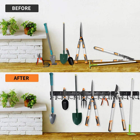 All Metal Garden Tool Organizer 4 Pack With Heavy Duty Wall Mount Hooks displaying organized tools in 68 inch garage storage.