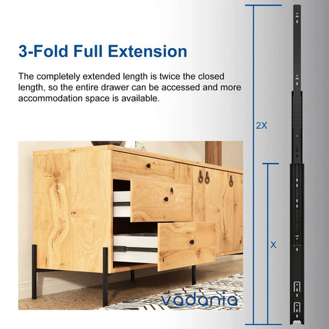 Image showing 14 Inch Drawer Slide VA1245 Black Beefy Ball Bearing Full Extension 3 Folds Side Mount installed in wooden cabinet.