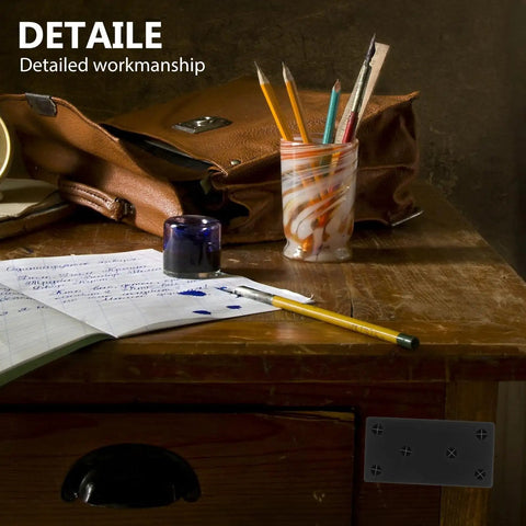 Heavy Duty Stainless Steel Straight Brace Brackets Two Pack on wooden table with pencils and leather bag, detailed view