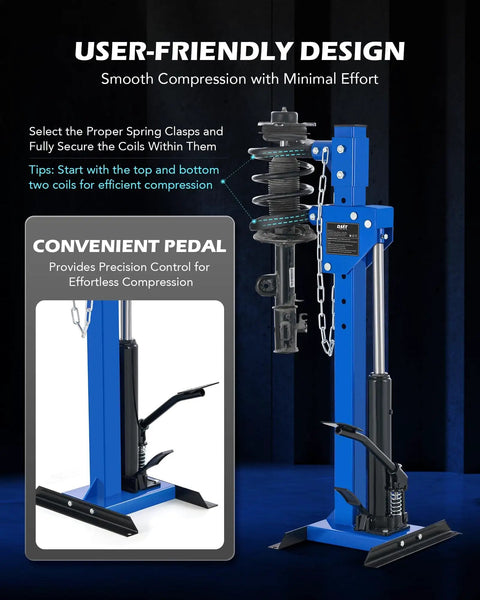 Hydraulic Strut Spring Compressor Kit with 1 Ton Compression Force and 4.5 Ton Jack Capacity, showing blue frame and pedal