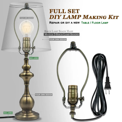 3 Way Socket Rewire Kit With 12 Foot Cord And Harp Set For Table Or Floor Lamps, includes lamp harp and cord in brass finish