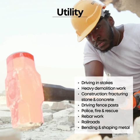 Worker using Beastly Heavy Duty 14 Lb Sledge Hammer With Induction Hardened Head 50-58 HRC for demolition, wearing a hard hat.