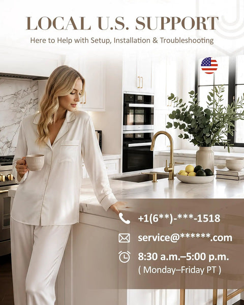 Woman in white pajamas holding a mug in a modern kitchen with U.S. support information overlay.