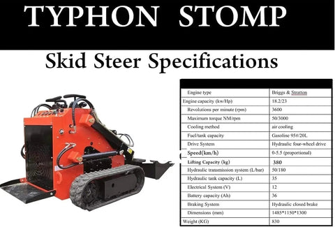 Mini Skid Steer Loader With Rotary Plow Tiller Attachment 1800lbs Capacity For Small Jobs, side view with specs chart.