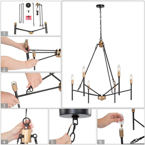 Installation steps for Bold Black 6 Light Modern Chandelier with Gold Finished Lamp Holders shown in parts and assembled.