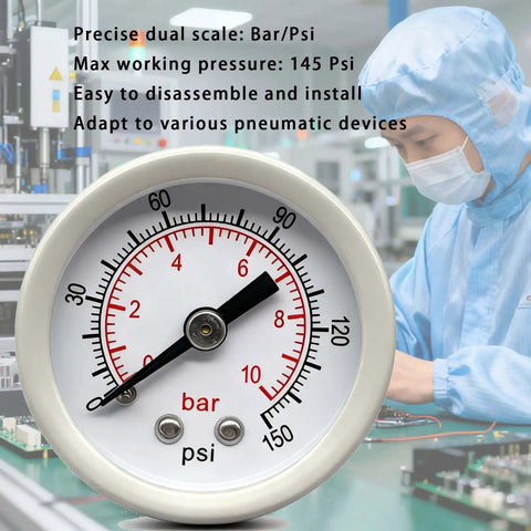 Dual Half Inch NPT Air Filter Regulator Lubricator All In One With Gauge 0 To 150 PSI displayed on an assembly line with technician