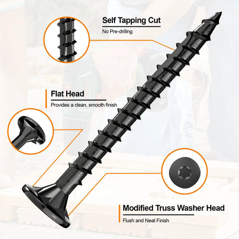 Deck Screws Set 100 Pcs Black 8 By 1 Inch Star Drive Wood Screws For Timber Logs And Landscaping Projects Built To Last Rust Resistant Outdoor Grade Alloy Steel T20 Bit Included, close-up view showing flat head and modified truss washer head