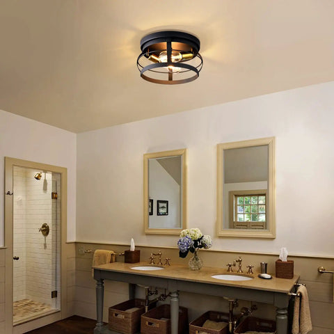 Bathroom interior with 2-Light Farmhouse Flush Mount Ceiling Light in Black Finish, 11.4-Inch Rustic Industrial Fixture with Metal Cage.