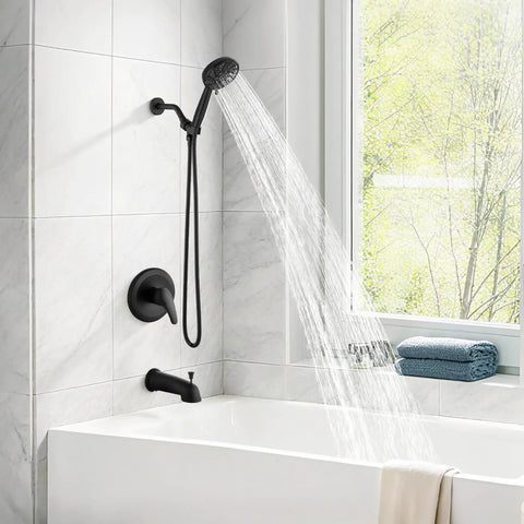 Rock Solid Matte Black Tub And Shower Faucet Set With Internal Valve Six Spray Handheld Head in use over a bathtub.