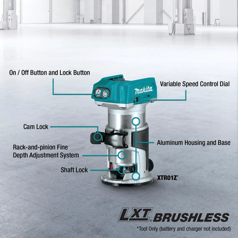 18V LXT Cordless Compact Router With Brushless Motor 1/4 In Collet Variable Speed 10000-30000 RPM Tool Only product features diagram