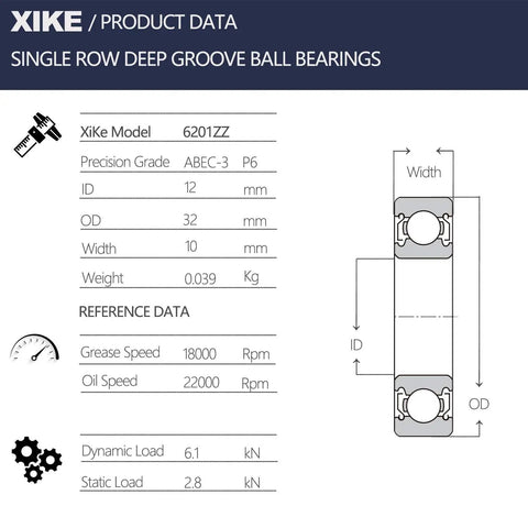 Technical diagram for Two Pack 6201ZZ Deep Groove Ball Bearings 12x32x9mm Dual Rubber Seals Pre Lubricated for High RPM