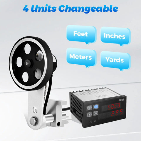 Slick Digital Roller Length Counter Loaded With Dual Relay Outputs And Dead Simple Setup Measures Feet Inches Meters Or Yards Up To 999999 Units, featuring adjustable unit selector.