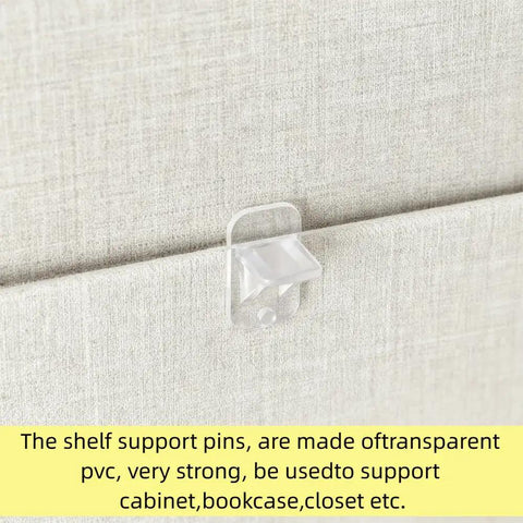 Top Shelf Quarter Inch Plastic Shelf Pegs Twenty Pack Rock Solid Cabinet Supports And Slick Furniture Pins for quick wood bookcase swap on fabric background.