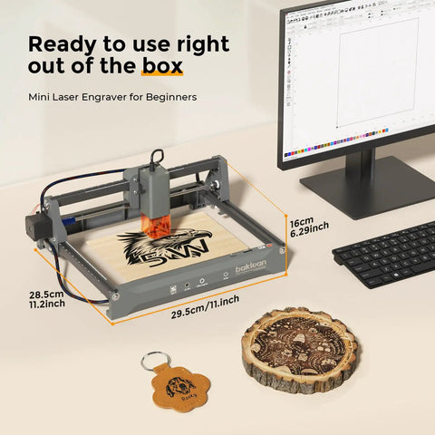 Dope 10W Desktop Laser Engraver Kit With Preassembled Frame, showing engraver, wooden cuts, computer, ideal for DIY projects.