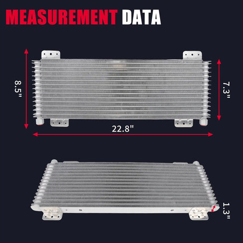 Dimensions of Beefed-Up 40K Transmission Oil Cooler Kit With Low Pressure Drop, 22.8"x8.5"x1.3", brazed aluminum construction.