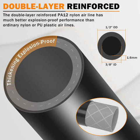 Diagram showing Road Ready Premium PA12 Nylon DOT Air Line, 1/2 inch OD, double-layer reinforced for air brake systems and industrial use.