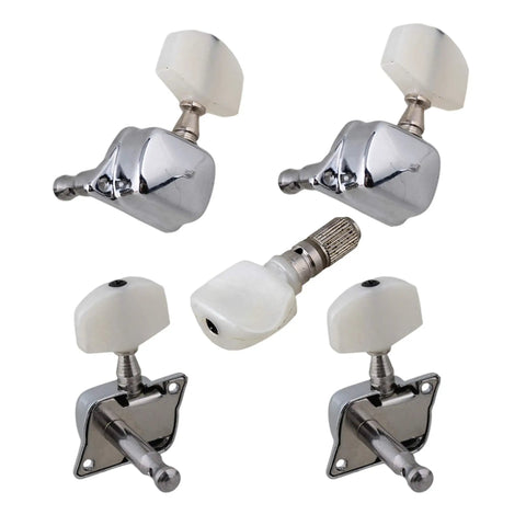 Banjo Machine Head Tuning Peg Set With Bushings Chrome Metal Replacement Parts For Guitar And Banjo Includes 4 Machine Heads 4 Bushings And 1 Non Slip Peg Durable Drop In Upgrade For Worn Out Tuning Nails, showing chrome machine heads and bushings