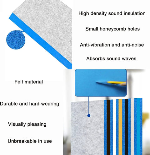 Rugged High Density Soundproofing Panels With Grippy Self Adhesive Backing For Recording Studio Home Office Noise Control Eco Friendly Acoustic Foam Pads That Crush Echoes Fast Blue Design showcasing felt material and sound absorption features.