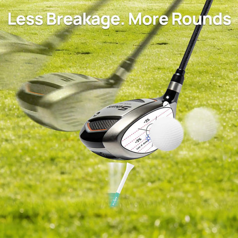 Funny Golf Tees Set With Flip Open Box 18 Pack Premium Three And A Quarter Inch Tees in use with driver hitting golf ball on grass.
