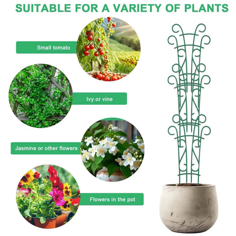 Image of Stackable Plant Trellis Kit for Potted Plants Indoor Outdoor Climbing Support with examples of suitable plants like ivy and flowers.