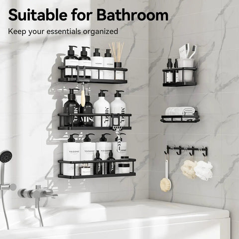 Adhesive Shower Caddy Kit Rustproof Bathroom Organizer With Soap Holder No Drill Heavy Duty Hanging Shelves Inside Shower Space Zero Fuss Setup Rock Solid Storage Rack Six Piece Black with bottles and towels.
