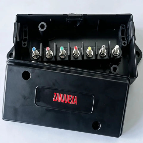 Top Shelf 7 Way Trailer Terminal Box With Color Coded Screw Terminals For Quick Wiring Hookup full view showing terminals and housing.