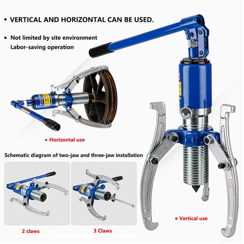 Heavy Duty Hydraulic Gear Puller Kit Featuring Two Or Three Jaw Bearing Separator Designed For Horizontal Or Vertical Brake Drum Hub Removal With 30 Ton High Load Capacity in blue steel
