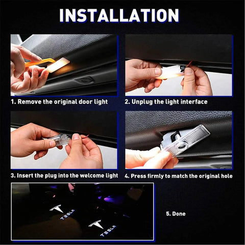 Installation steps for Tesla Model Door Logo Projector Lights 4 Pack LED Puddle Welcome Lamps For Model S 3 X Y Ghost Shadow Car Door Lights Easy Install Premium Interior Accent Ideal Gift For Car Enthusiasts.
