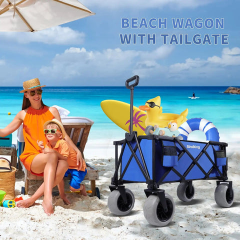 260L Heavy Duty Collapsible Beach Wagon With 9in Sand Wheels And Rear Tailgate on a beach with toys